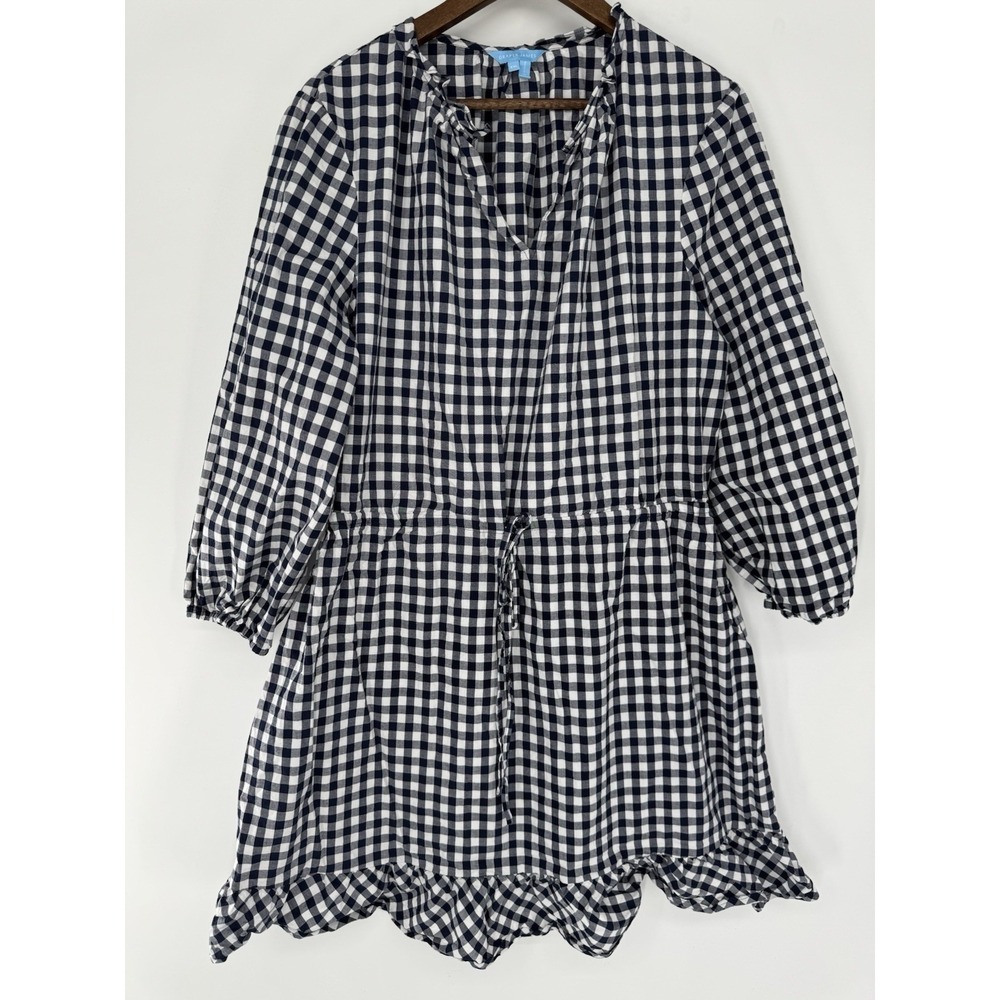 Draper James XXL Wanda 3/4 Sleeve Ruffle Front Dress in Navy Gingham cottagecore